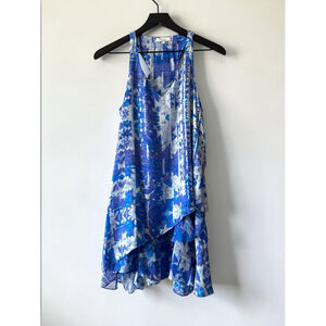 Parker Silk Dress Blue Abstract Racerback Hi-Lo Ruffle Size S